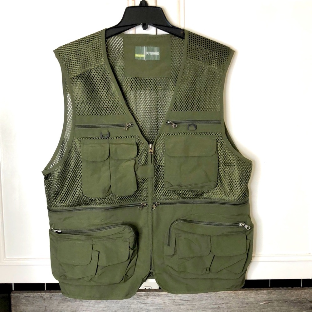 OutDoor Life Fly Fishing Vest Size Mens XL Full Zip Fish Gear  Olive Green